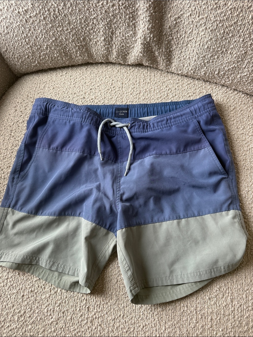 J. Crew Two-Tone Navy and Olive Colorblock Swim Trunks